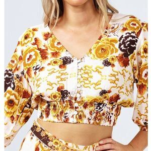 Talisman Halo Short Balloon Sleeve V-Neck Smocked Elastic Waist Top- XL